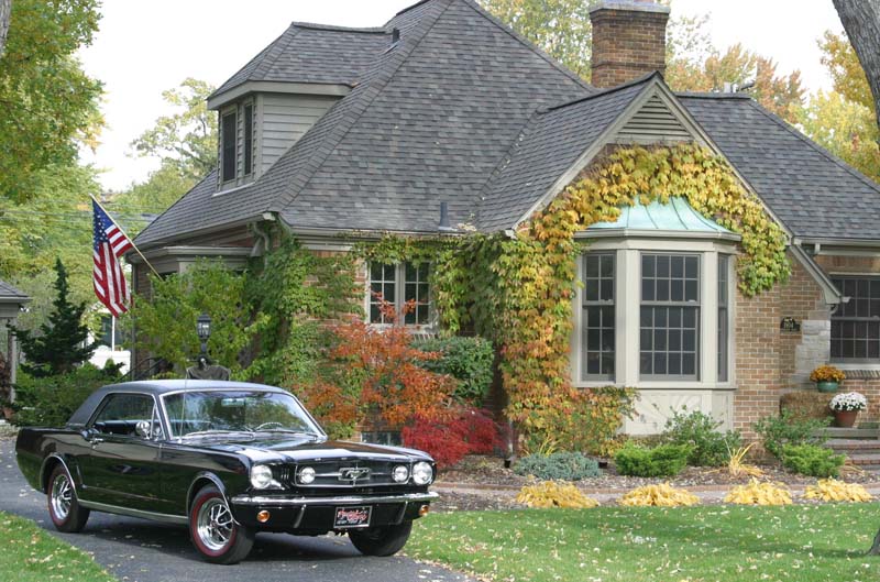 Mustang in front of house