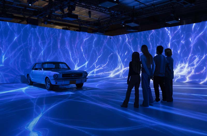 Mustang on display with people looking at it