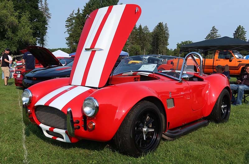 Red shelby cobra in field