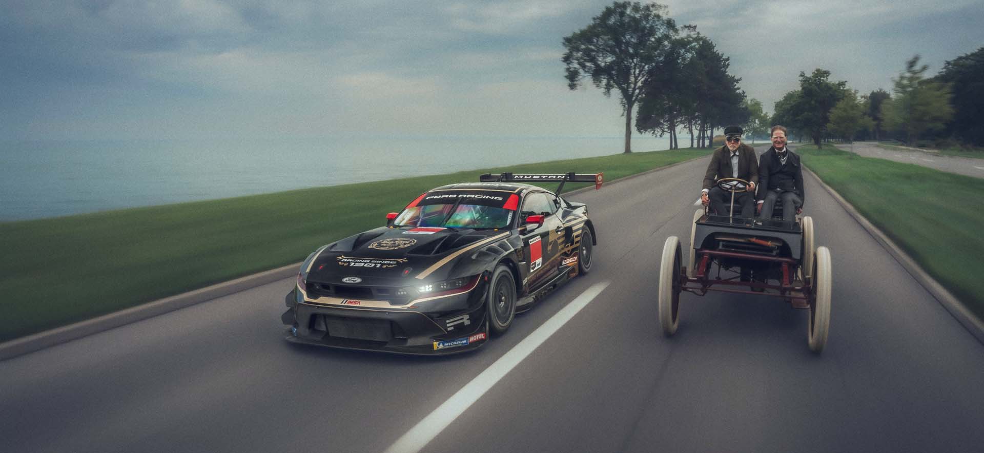 Sweepstakes and Mustang on road