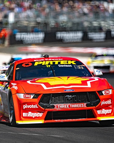 Will Davison’s red number 17 Ford Mustang Supercar race car on track