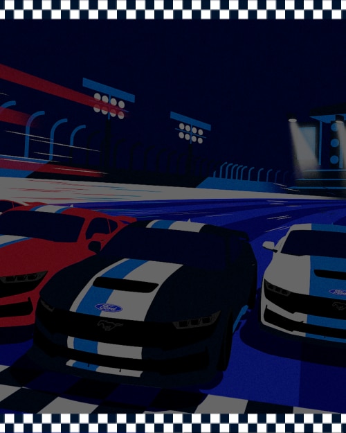 Six red, white, and blue Mustang Dark Horse R race cars on a track