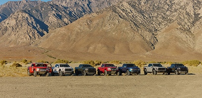 Seven Ford Raptor lined up in the desert
