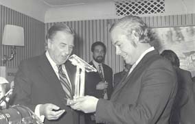 Keith Duckworth receiving trophy from Henry Ford II in 1972