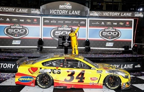 Number 34 car winning the Daytona 500