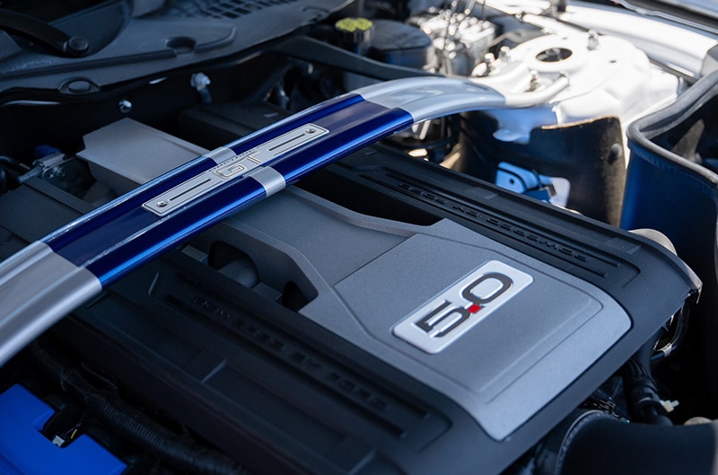 engine bay of mustang