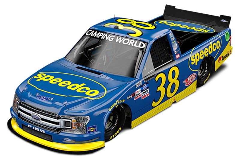 Todd Gilliland's blue and yellow number 38 Ford F-150
