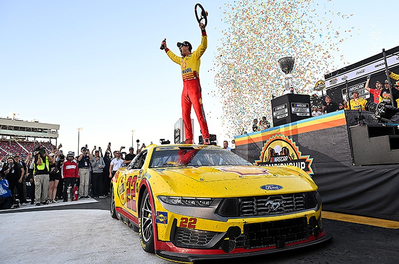 Joey Logano Celebrating his championship win with a burnout in his Mustang Dark Horse